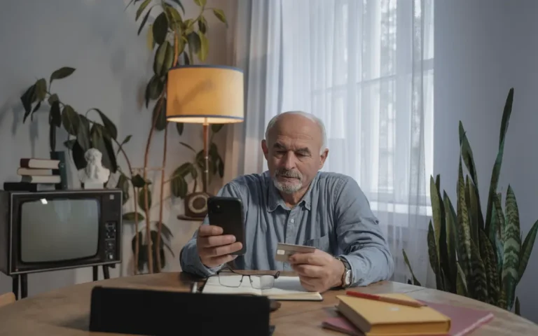 Idoso segurando o celular e um cartão em casa